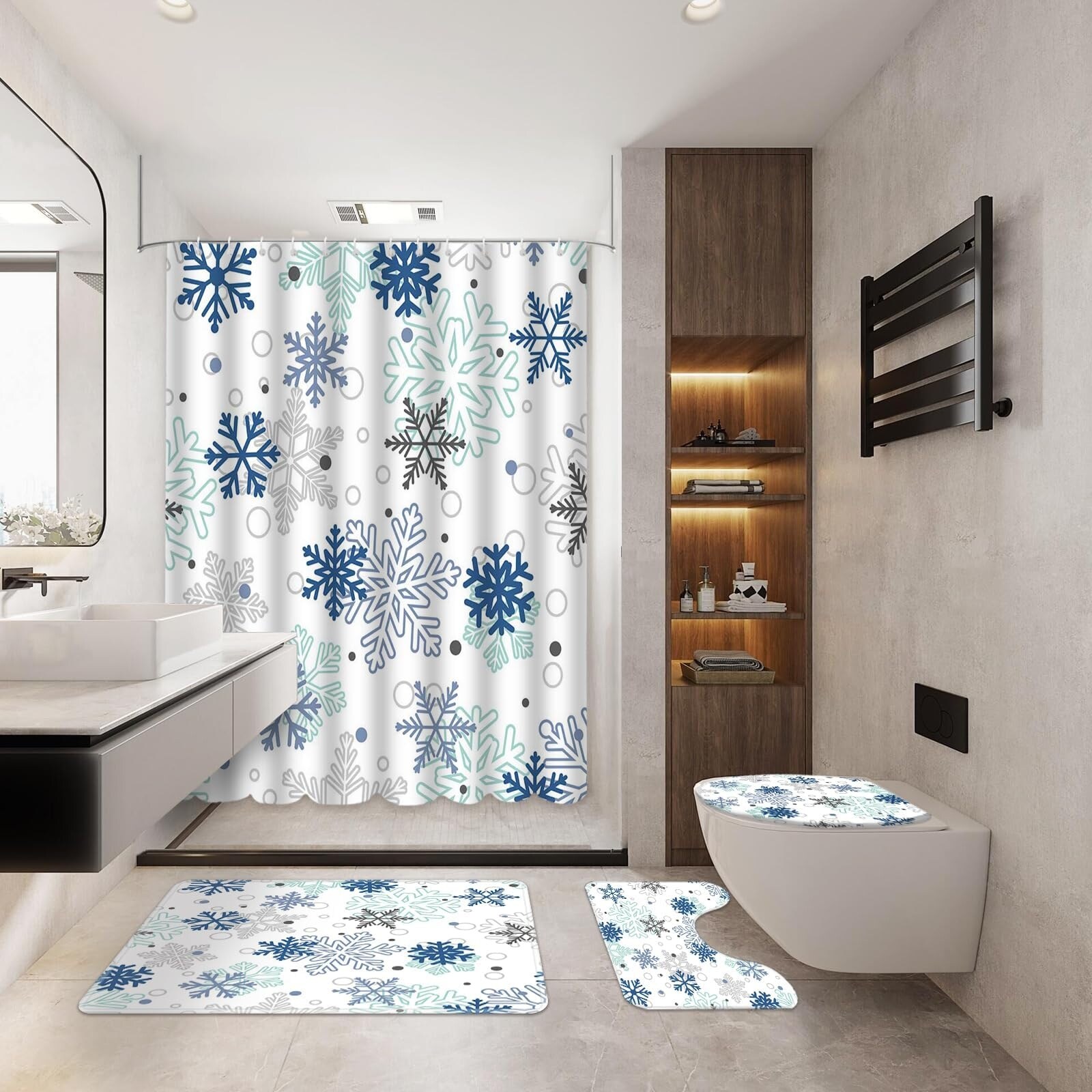 Light Blue Snowflake Christmas Shower Curtain Set, 4Pcs Bathroom Decor -  Bed Bath \u0026 Beyond - 42024802, image size:1600x1600