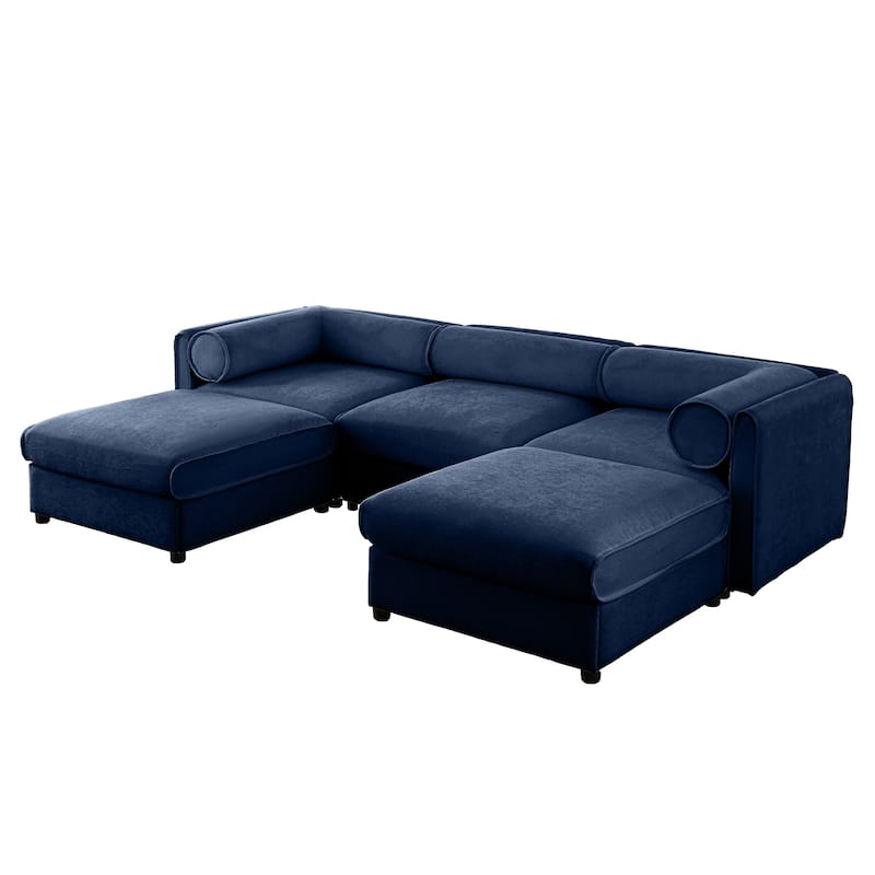 109" U-Shaped 3-Seater Chenille Sofa with Ottoman and Hidden Storage(Cylindrical Backrest Design)