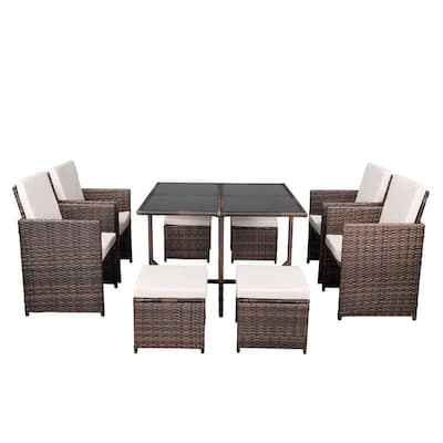 9-pc. Outdoor Cushioned Brown Rattan Wicker Dining Set