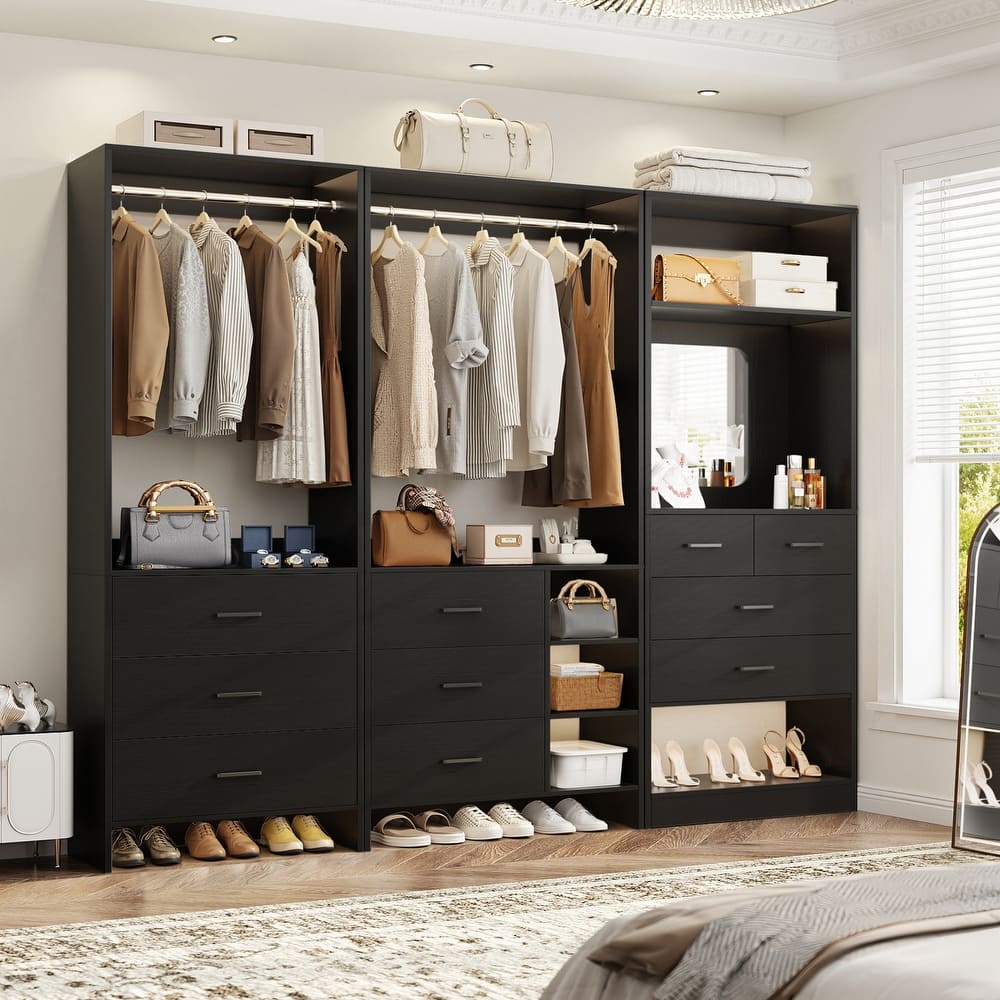 Cimly Set of 3 Closet Organizers with Drawers and Mirror, Freestanding Closet System with Hanging Rods