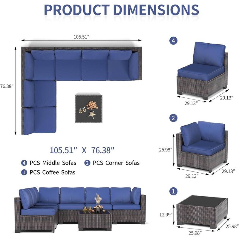 7-Piece Patio Conversation Sofa Set with Cushions and Glass Top Coffee Table