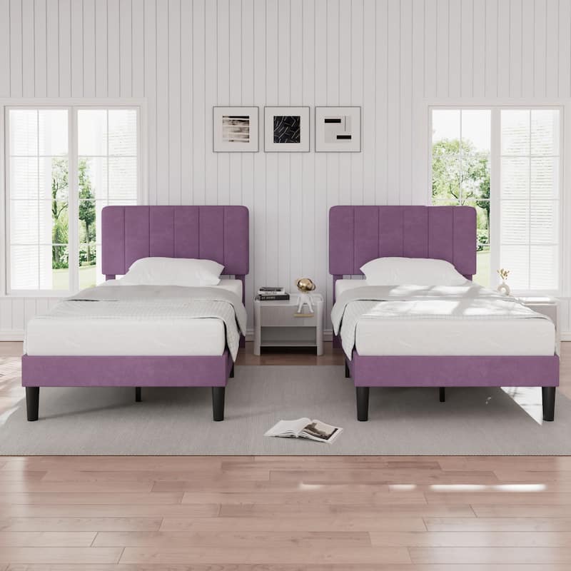 2 Pack Kids Bed Frame Height Adjustable Upholstered Headboard Bed Twin Size Bed Set of 2 - Set of 2 - Purple