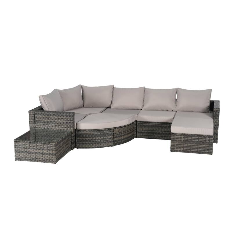 8 Pcs Outdoor Sectional L- Shaped Sofa Set, Patio Wicker Conversation Set Furniture with Curved Sofa Ottoman and Coffee Table