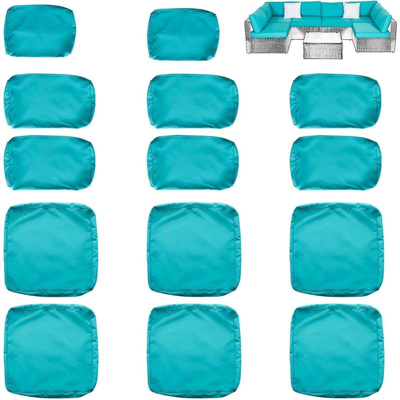 14 Pack Patio Cushion Covers, 100% Polyester Fabric Cushions Slipcover Replacement w/Zipper, Fit for Rattan Sectional Sofa Set - green-blue