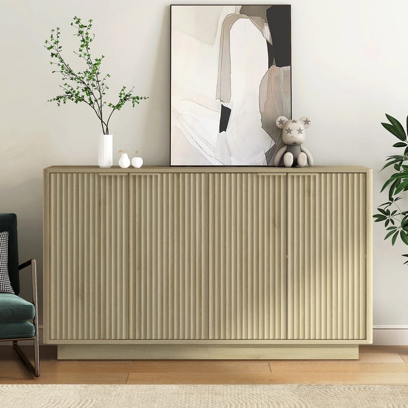 Wood 55.1" Fluted Buffet Cabinet, Credenza with Adjustable Shelves for Stylish Storage and Organization