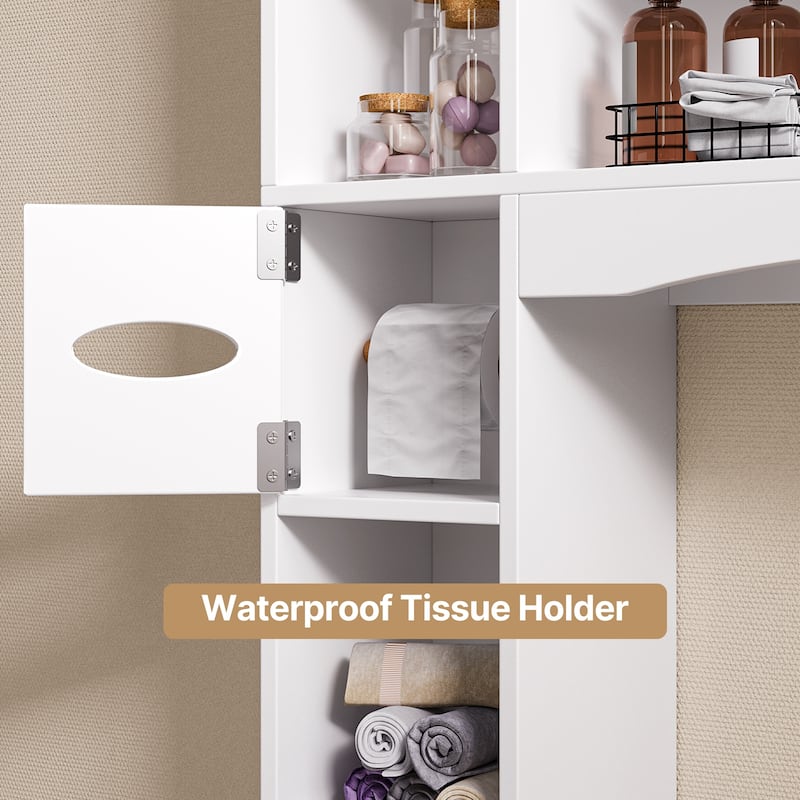 66''H Over The Toilet Storage Cabinet, Bathroom Storage Organizerwith 2 Doors, Paper Holder and Racks, Adjustable Shelf