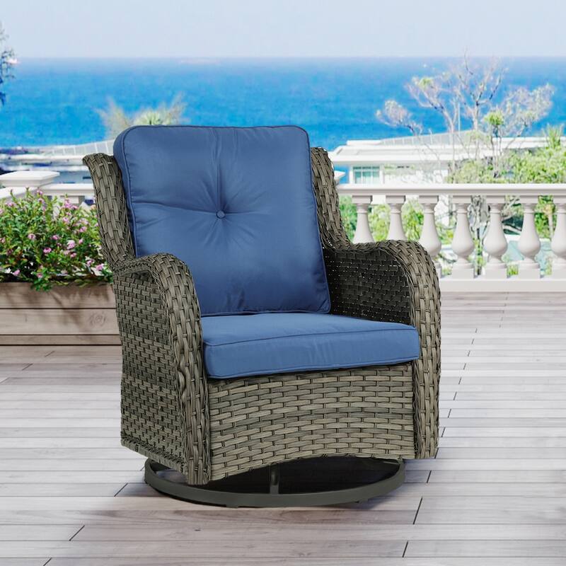 Outdoor Rattan Wicker Swivel Lounge Chair Cushioned Patio Rocker - Blue