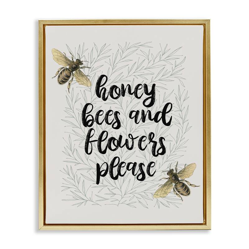 Stupell Honey Bees & Flowers Please Framed Floater Canvas Wall Art Design By Lil' Rue - 17 x 21 - Gold