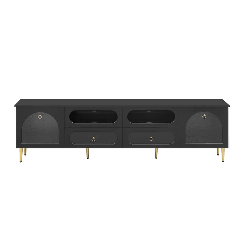 Retro TV Stand for TV up to 85 Inches with 2 Cabinets, 4 Drawers & Metal Legs - 78.8" D x 15.8" W x 22.4" H - Black
