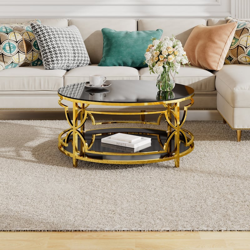 Glass Coffee Table Round Living Room Table, Luxurious Storage Table with Lower Shelf, 30.7" Center Table with Tempered Glass Top