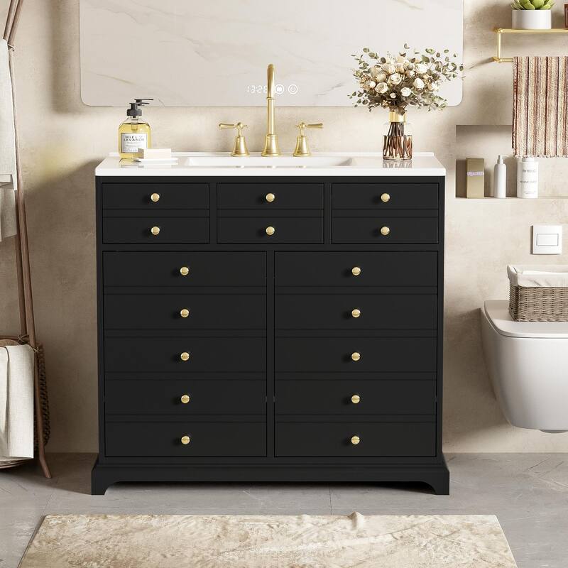Roomfitters 36'' Bathroom Vanity with Ceramic Sink Combo, Solid Wood Frame Freestanding Storage Cabinet with 2 Drawers