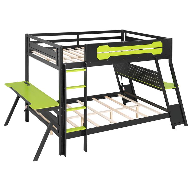 Full Size Bunk Bed with Two Built-In Gaming Desks, USB Desktop Ports & Pegboard Organizer, Gaming Bunk Frame
