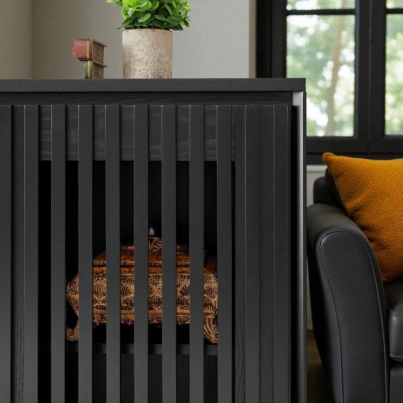 Mid-Century Modern Fluted Sideboard Cabinet with Outlet Holes, Solid Wood Buffet Storage Cabinet for Living Room