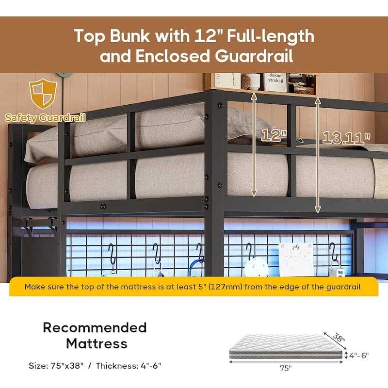 Loft Bed with Desk Gaming Bunk Bed LED Lights Charging Station