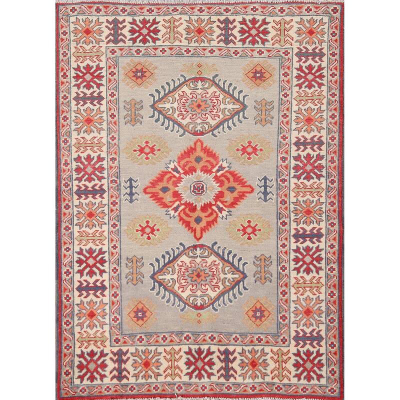 Beige Kazak Oriental Accent Rug Handmade Wool Carpet - 3'5"x 4'5"