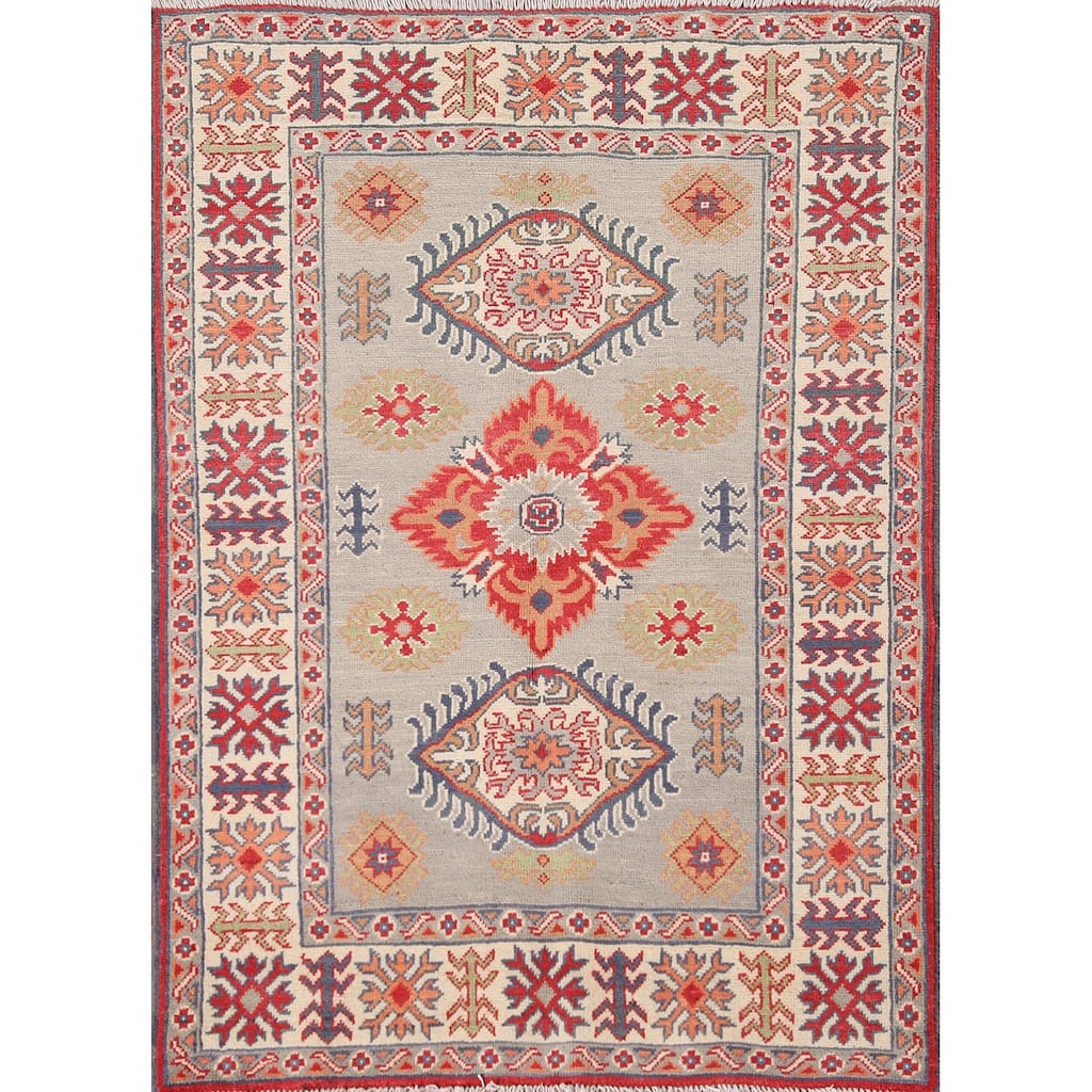 Beige Kazak Oriental Accent Rug Handmade Wool Carpet - 3'5"x 4'5"