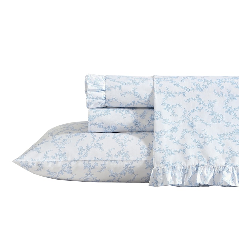 Laura Ashley Floral Ruffled Hem Cotton Sheet and Pillowcase Sets - Victoria Blue - King