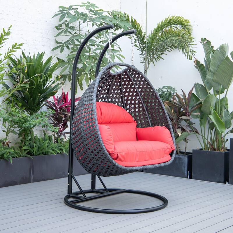 Patio 2-Person Hanging Egg Swing Chair Charcoal Wicker and Iron Frame Breathable Removable Cushion Covers by LeisureMod