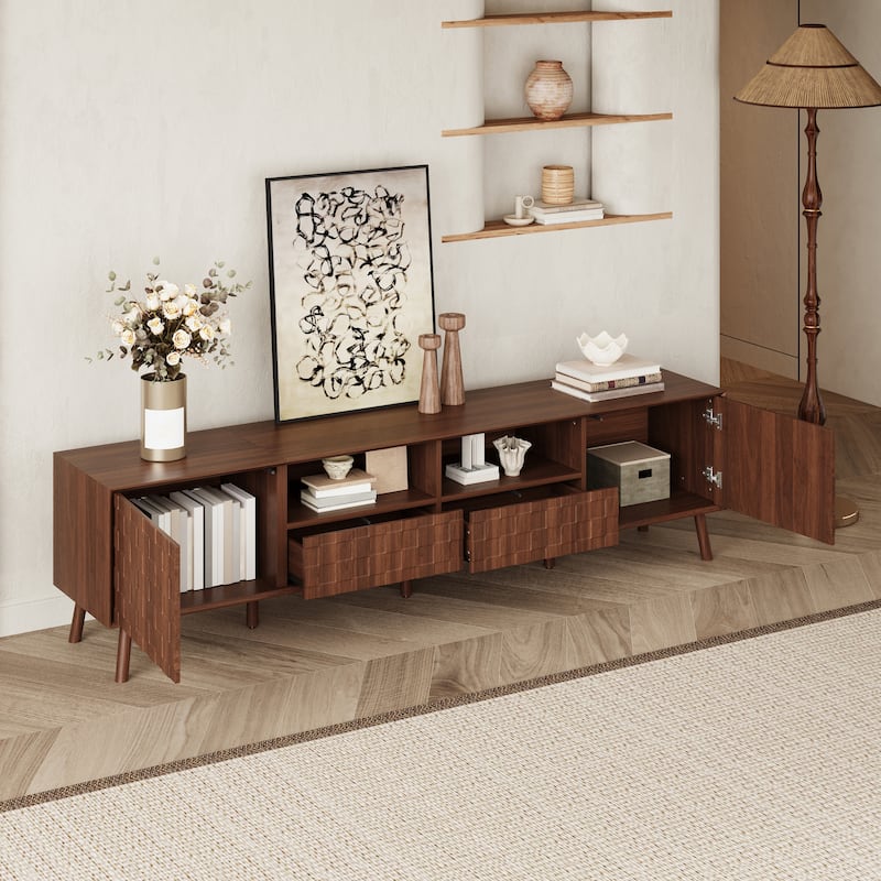 Roomfitters 78 Inch Modern TV Stand for TVs up to 85 Inch, Media Console with Storage Drawers & Solid Wood Legs, Walnut