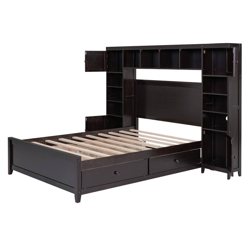Full Size Wooden Bed with Integrated Cabinet, Shelf, and Drawers, Espresso Finish