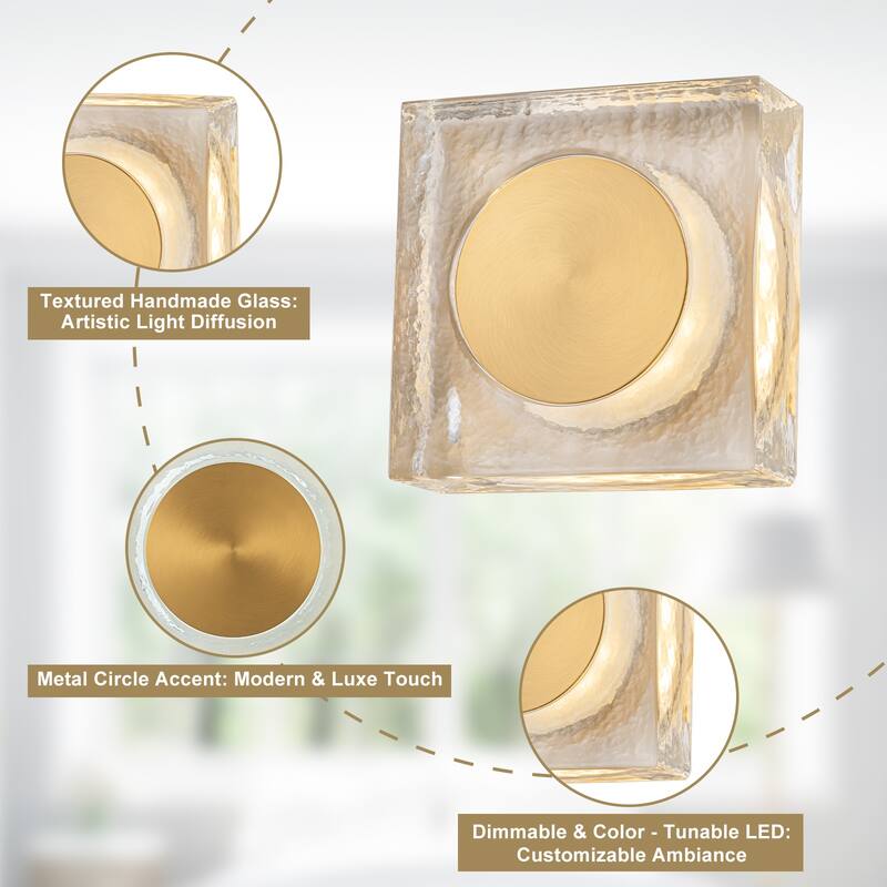 Square LED Wall Sconce Clear Textured Handblown Glass Shade Dimmable