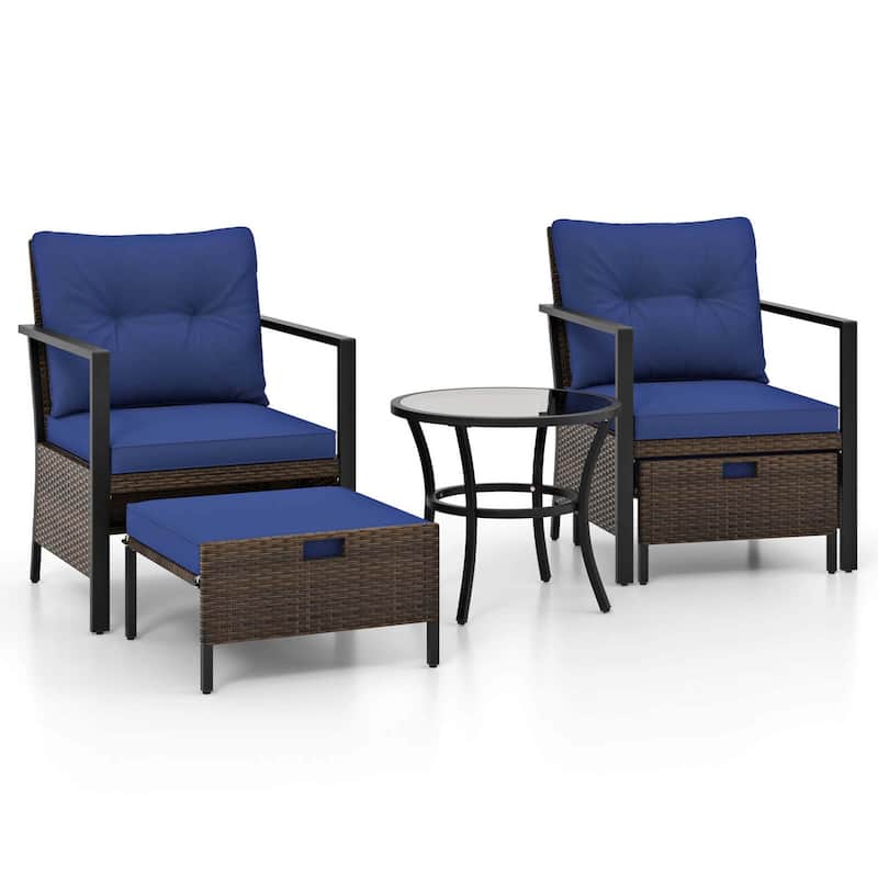 Gymax Set of 5 Furniture Set Rattan Chairs & Ottomans w/ Glass Topped