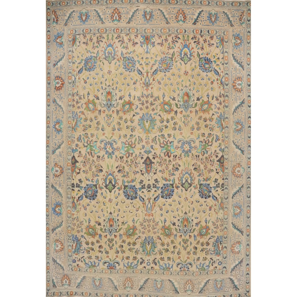 Hand Knotted Oriental 100% Wool Carpet Traditional All-Over Beige & Ivories Tabriz Area Rug - 12' 2'' X 10' 3''