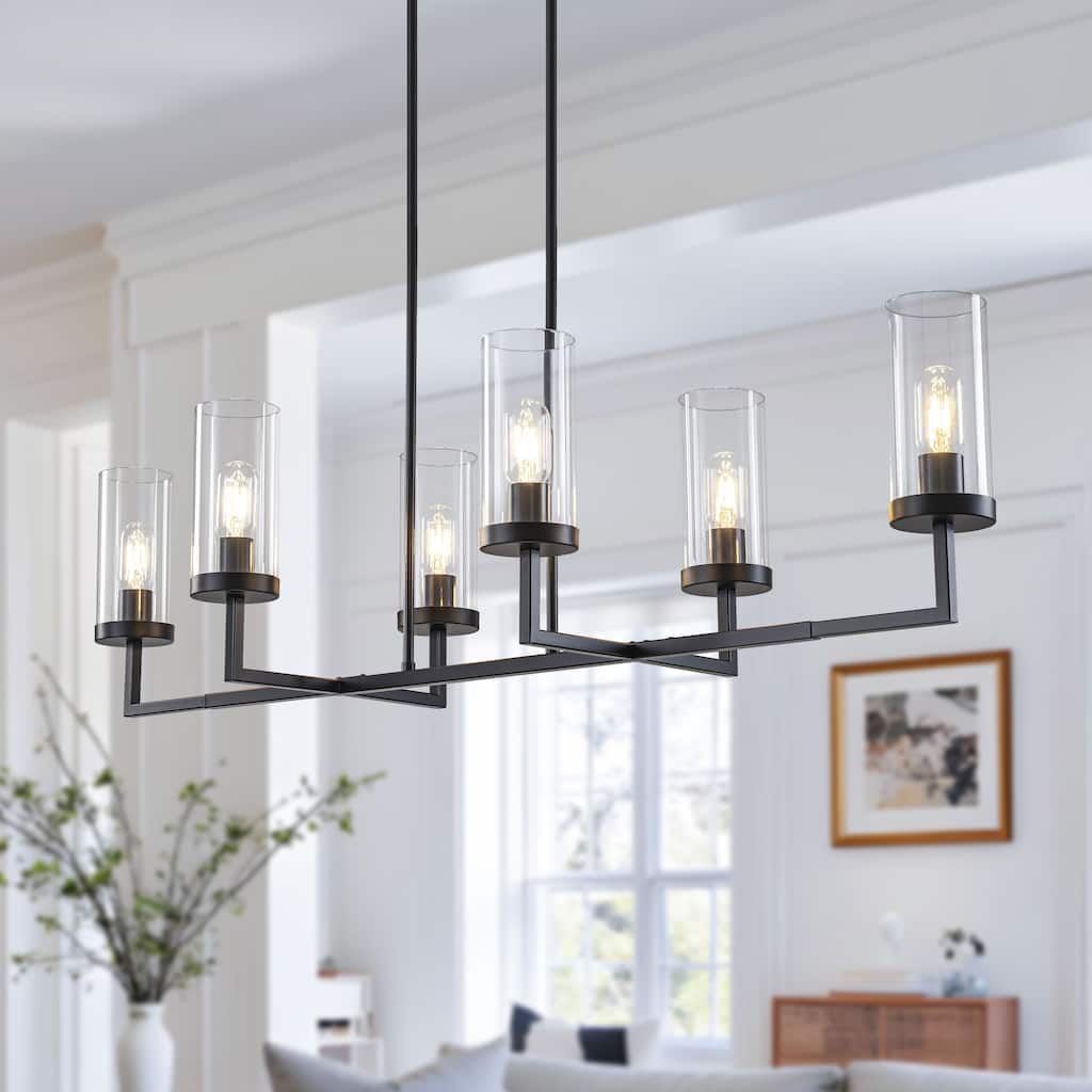 Starsky 6-Light Farmhouse Linear Pendant Light with Double-Row Glass Shades