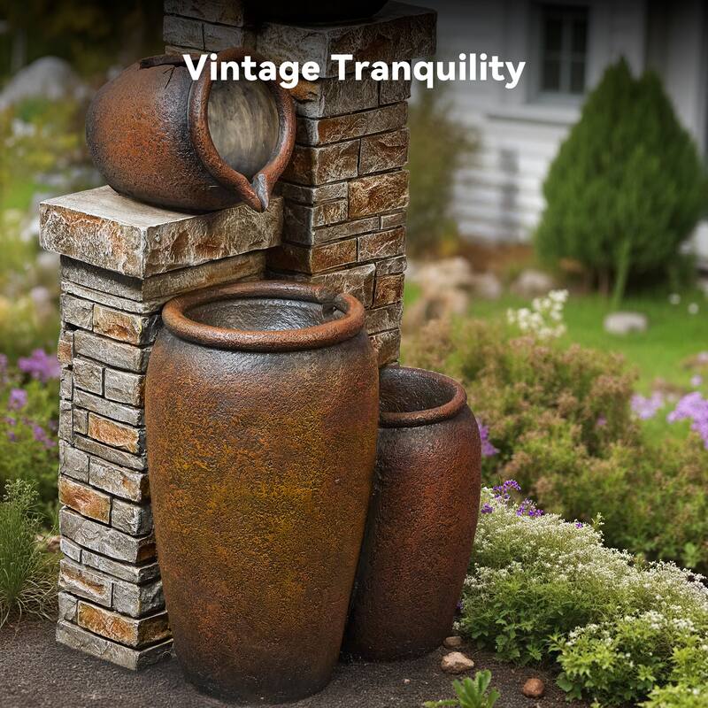 Glazed Terracotta Pots Polyresin Cascade Water Fountain Weather Resistant