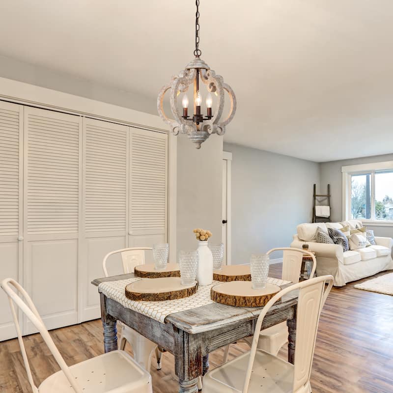 French Country Wood 3-Light Crown Distressed Off-white Chandelier for Dining Room - White Wood - D15.5"x H 19"