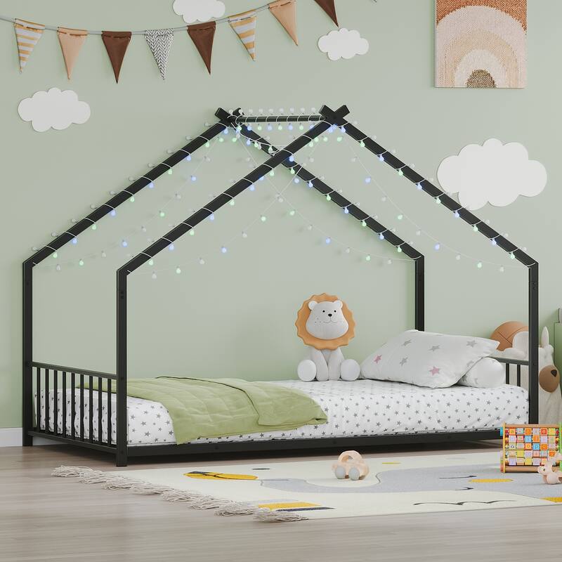 Black Iron Twin Bed Frame with Roof Design and Built-in LED Lights