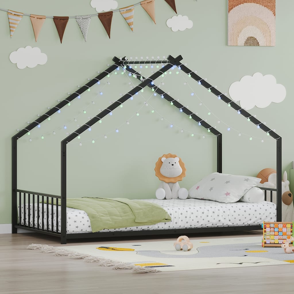 Twin Size Children'S Bed Frame With Led Light Strips, Roof-Shaped Iron Frame Bed,78.5" L X 40.9" W X 58.4"H.