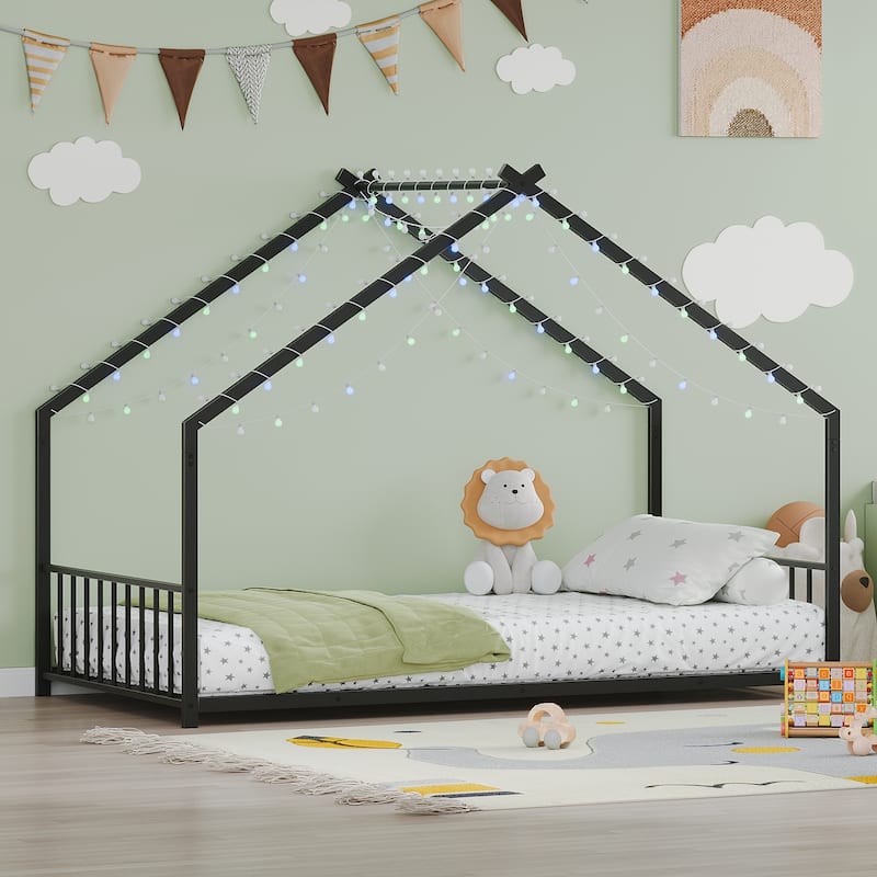 Twin Size LED Iron Bed Frame for Kids with Roof Design, Black, 78.5x40.9x58.4 Inches - Black