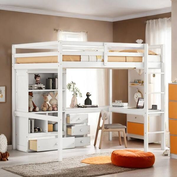 slide 2 of 23, Artsy Full Size Loft Wood Bed with Desk, Storage shelves and Drawers, Built-in Ladder, Ample Space Storage White