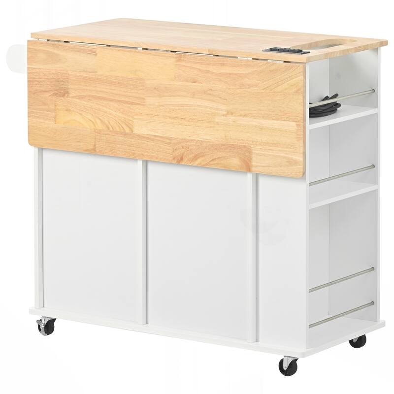 Kitchen Island with Power Outlet,Kitchen Storage Island with Drop Leaf and Rubber Wood,Open Storage and Wine Rack