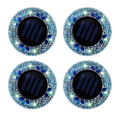 Bell + Howell 6 LED Round Blue Mosaic Solar Powered Disk Lights with Auto On/Off - 4 Pack