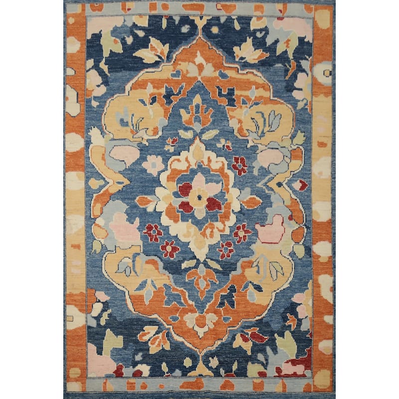 Hand Knotted Oriental 100% Wool Carpet Transitional Floral Navy Blue & Blues Oushak Area Rug - 9' 6'' X 8' 3''