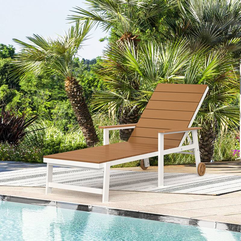 Patio HDPE Backrest Chaise Lounge Chair with Aluminum Frame, Adjustable Backrest and Wheels - Brown