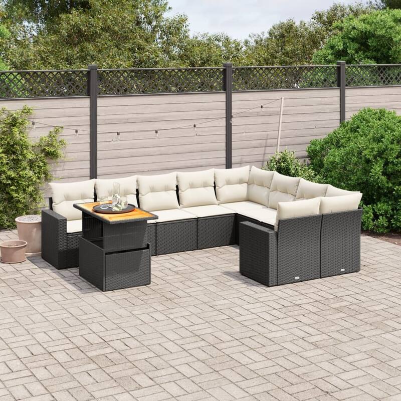 vidaXL Patio Sofa Set with Cushions Table and Sofa Modules 10 Piece Poly Rattan - 21.7 x 39.4 x 28.7 - Black  - form3