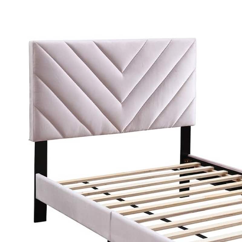 Lilian Twin Bed, Tufted Light Pink Velvet Upholstery, Chevron Stitch