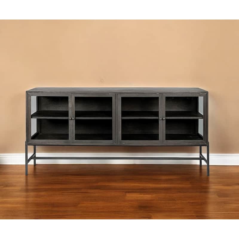 HomeRoots 70" Black Solid Wood Sideboard with Four Glass Doors - 18' X '32' X '70 - 18' X '32' X '70