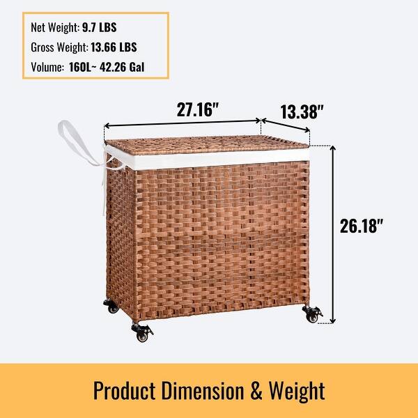 dimension image slide 3 of 4, Laundry Hamper with Lid Rattan Basket with Removable Bags and Wheels