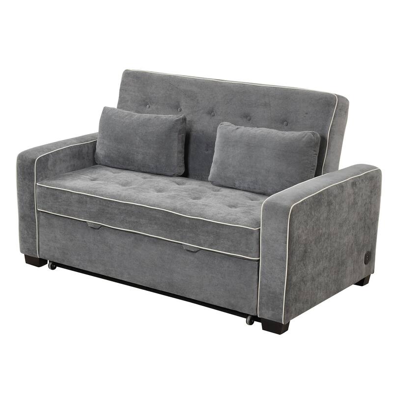 Upholstered Loveseat Pull Out Sofa Bed, Lounge Couch w2 Pillows & 2 USB Port, Adjustable Backrest Futon Sofa Tufted Couch