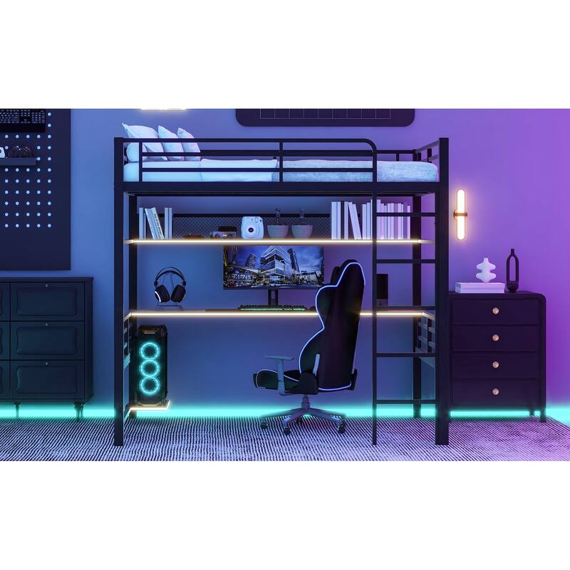Full Size Metal Loft Bed with Storage Shelf, LED Light, and Built-in Desk
