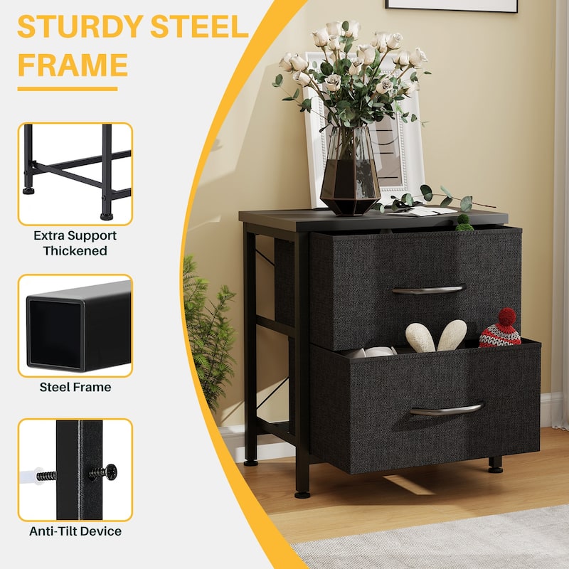 Nightstand, Bedside Table with 2 Storage Drawers, Wooden Top Fabric Cabinet Kids Mini Dresser for Bedroom, Closet, Entryway