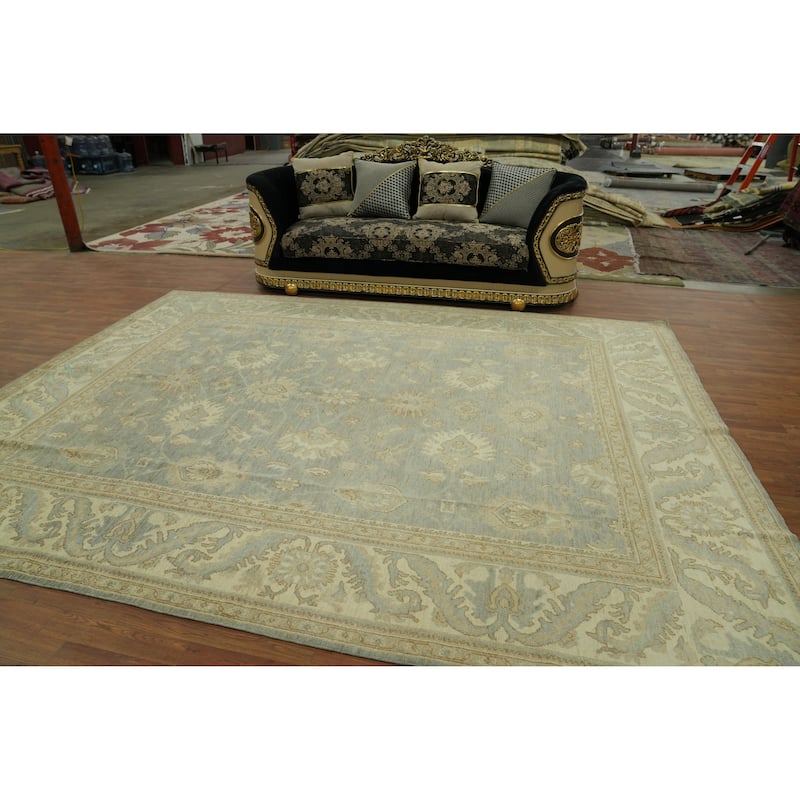 Vegetable Dye Wool Oushak Turkish Area Rug, Floral Geometric Carpet - 12' 0'' X 9' 3''