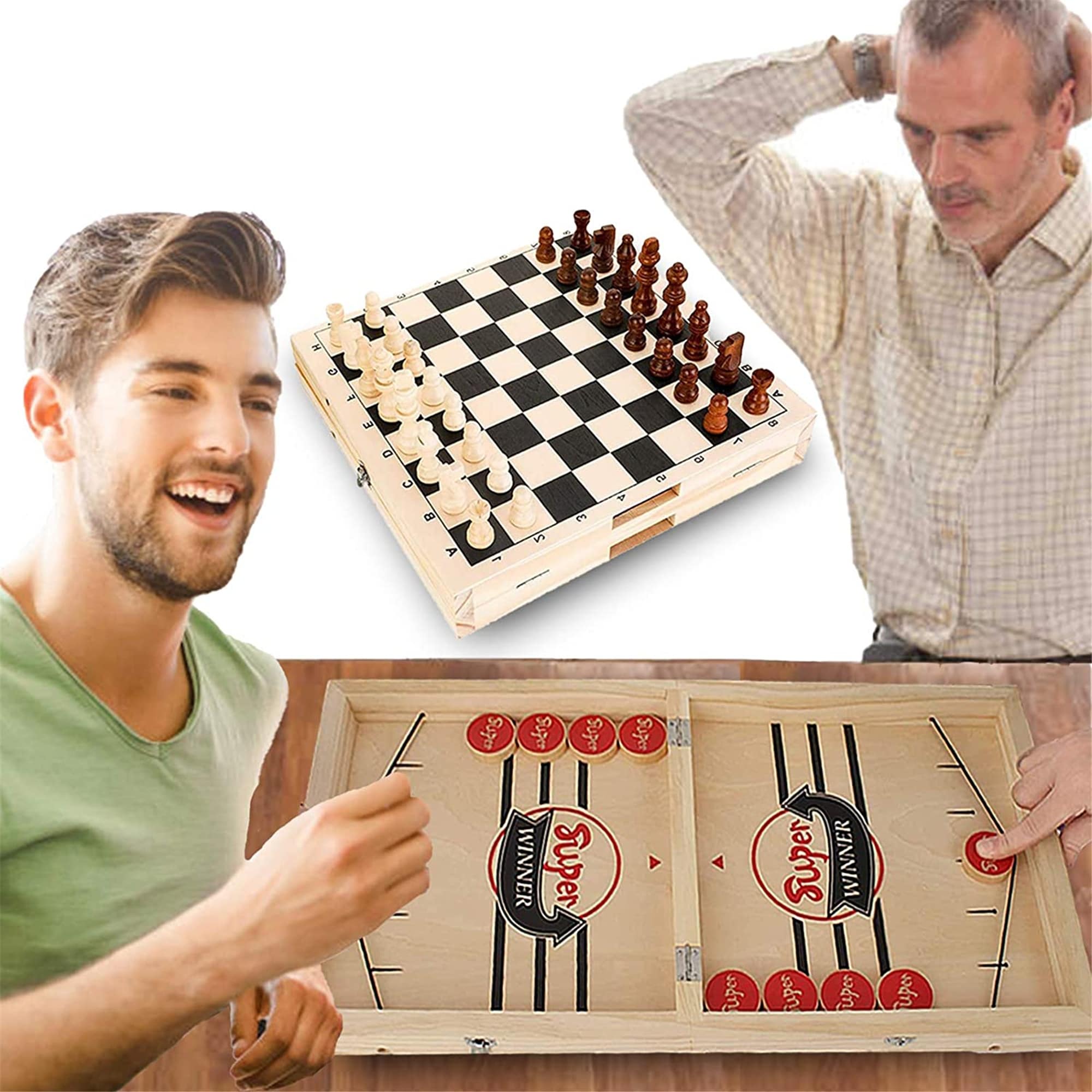 Fast Sling Puck Game & Chess 2 in 1 Set- PacedWooden Hockey Game, Slingshot  Board Portable Wooden Game - 22.05*11.8*1.18 in