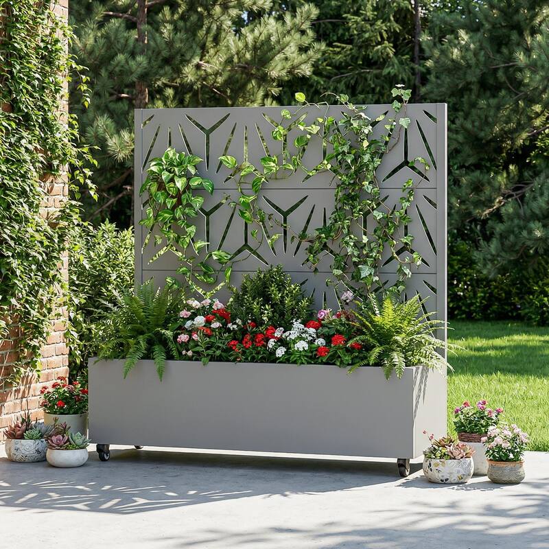 Metal Galvanized Planter Box with Trellis Privacy Screen Lockable Wheels - Grey-Rectangle - 47"x47"