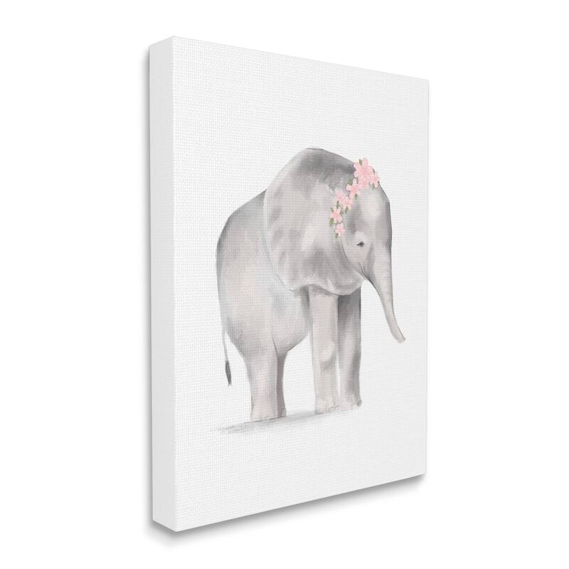 Stupell Floral Crown Baby Elephant Soft Pink Grey Illustration Canvas Wall Art - 16 x 20