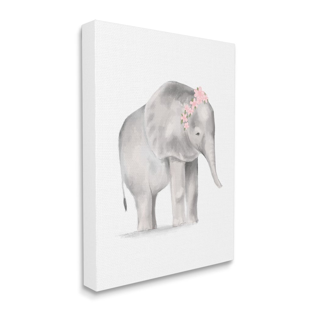 Stupell Floral Crown Baby Elephant Soft Pink Grey Illustration Canvas Wall Art
